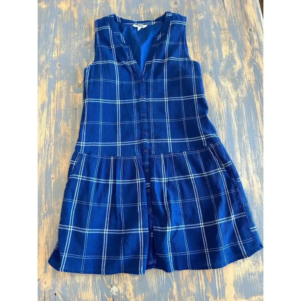 BB Dakota Sleeveless Button Dress Blue Plaid M